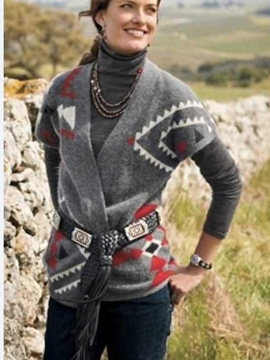 Pendleton Sweaters - Pendleton Gray Aztec Shawl Cardigan with Red and Cream Accents Wool & Alpaca